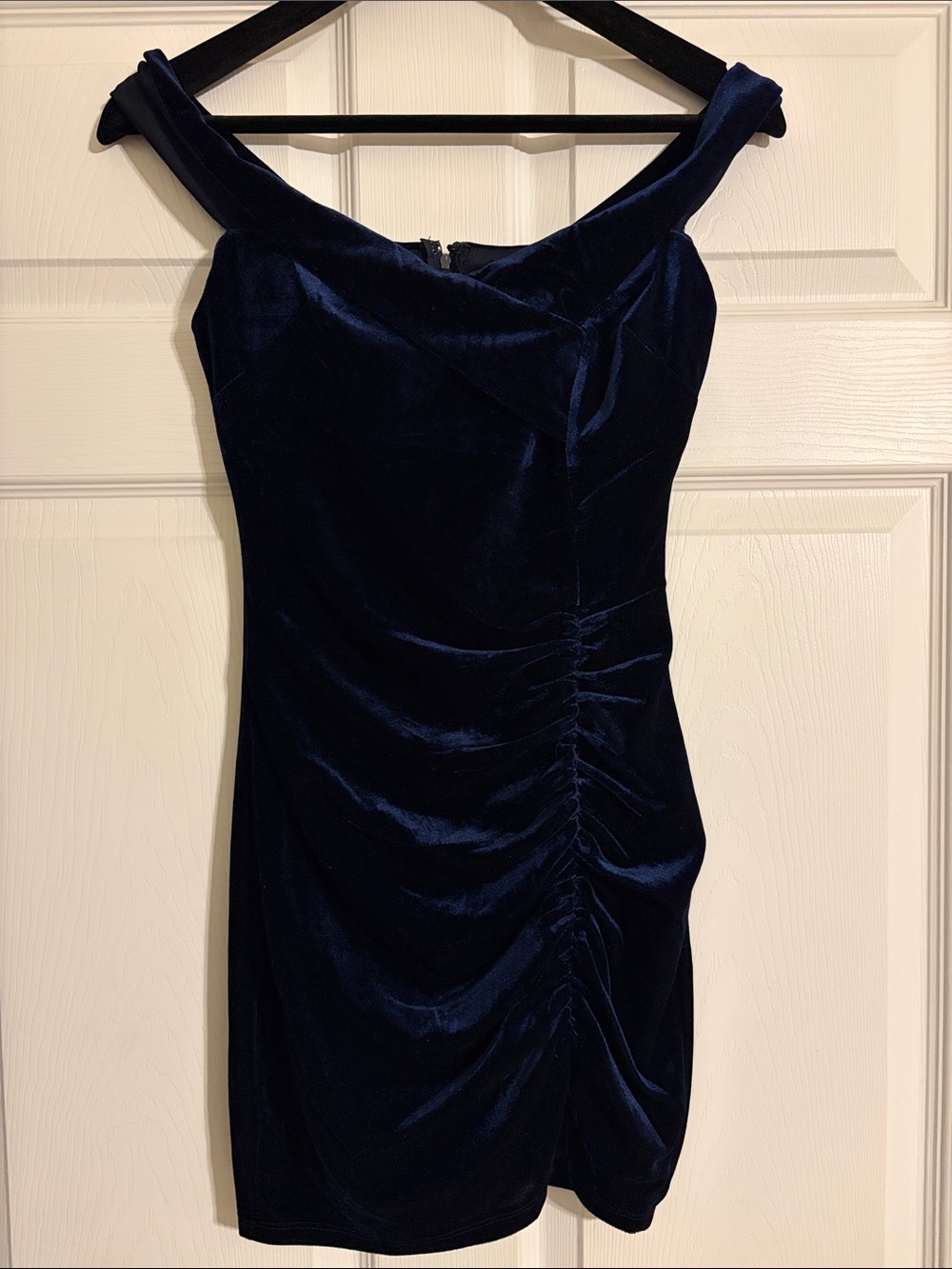 Crystal Doll Navy Blue Velvet Off-Shoulder Ruched Mini Dress - Size 3